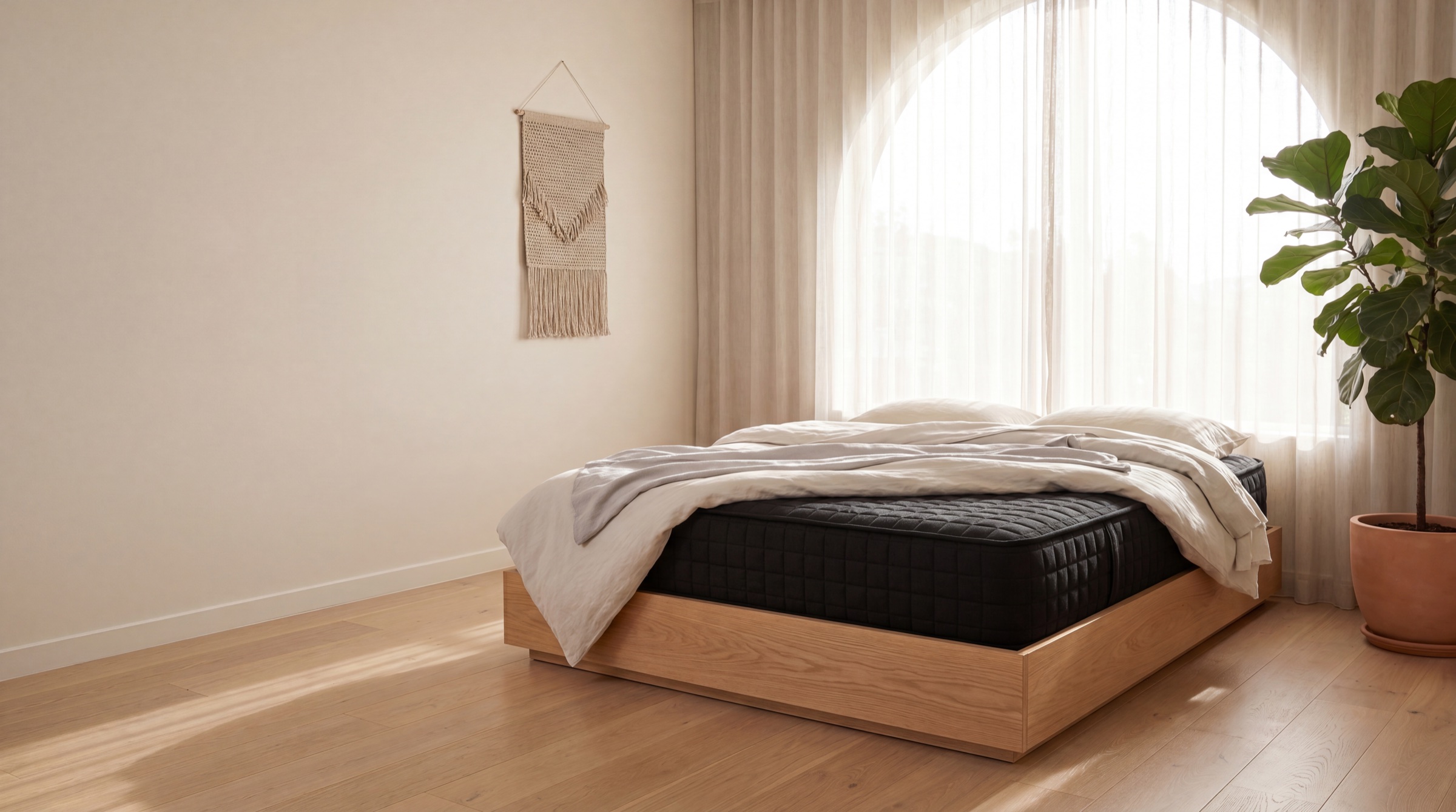 An all-black quilted mattress on an oak platform bed in a bright, airy modern Canberra bedroom with soft morning light