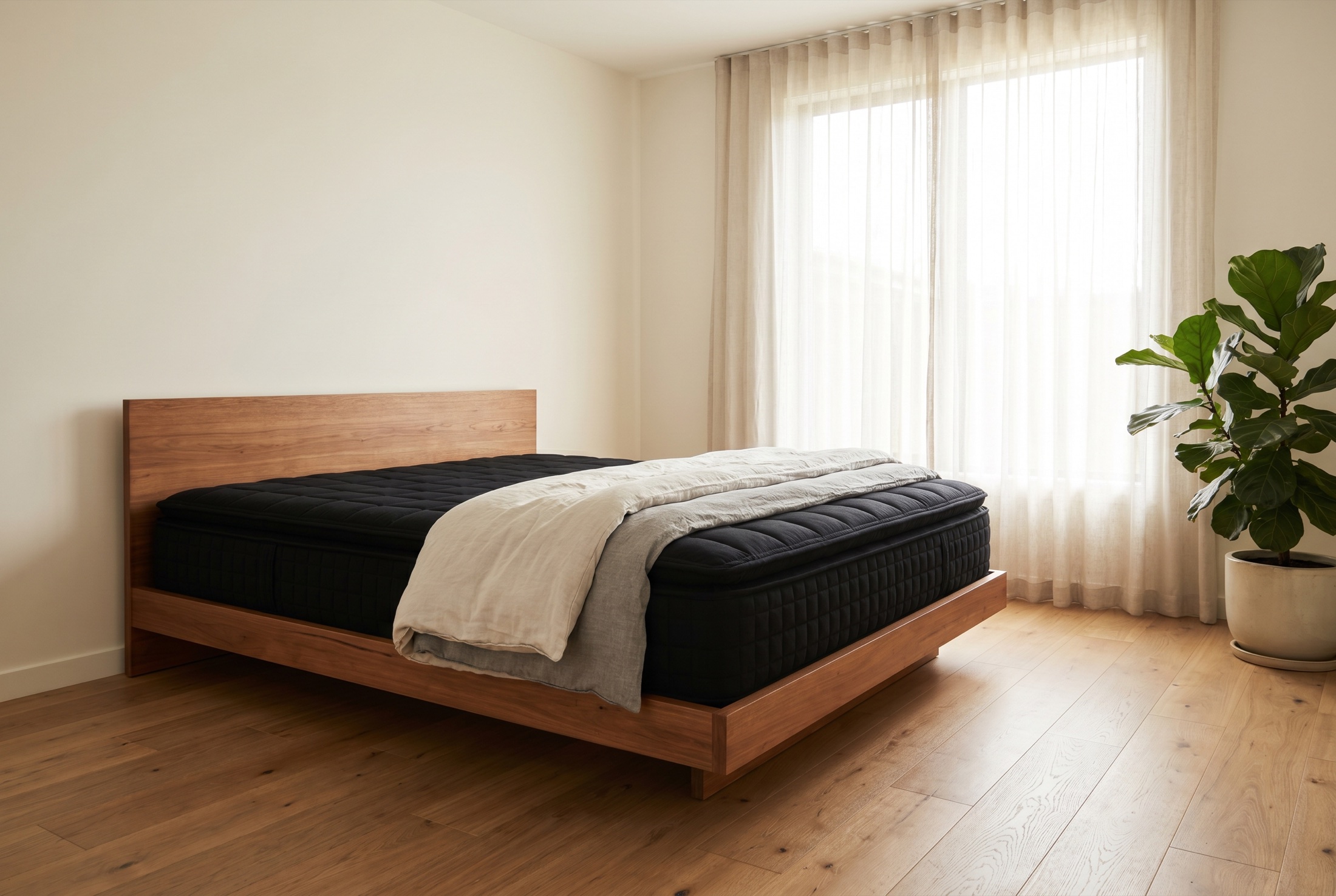 A bright modern Canberra bedroom with an all-black quilted mattress on a timber platform bed and light linen
